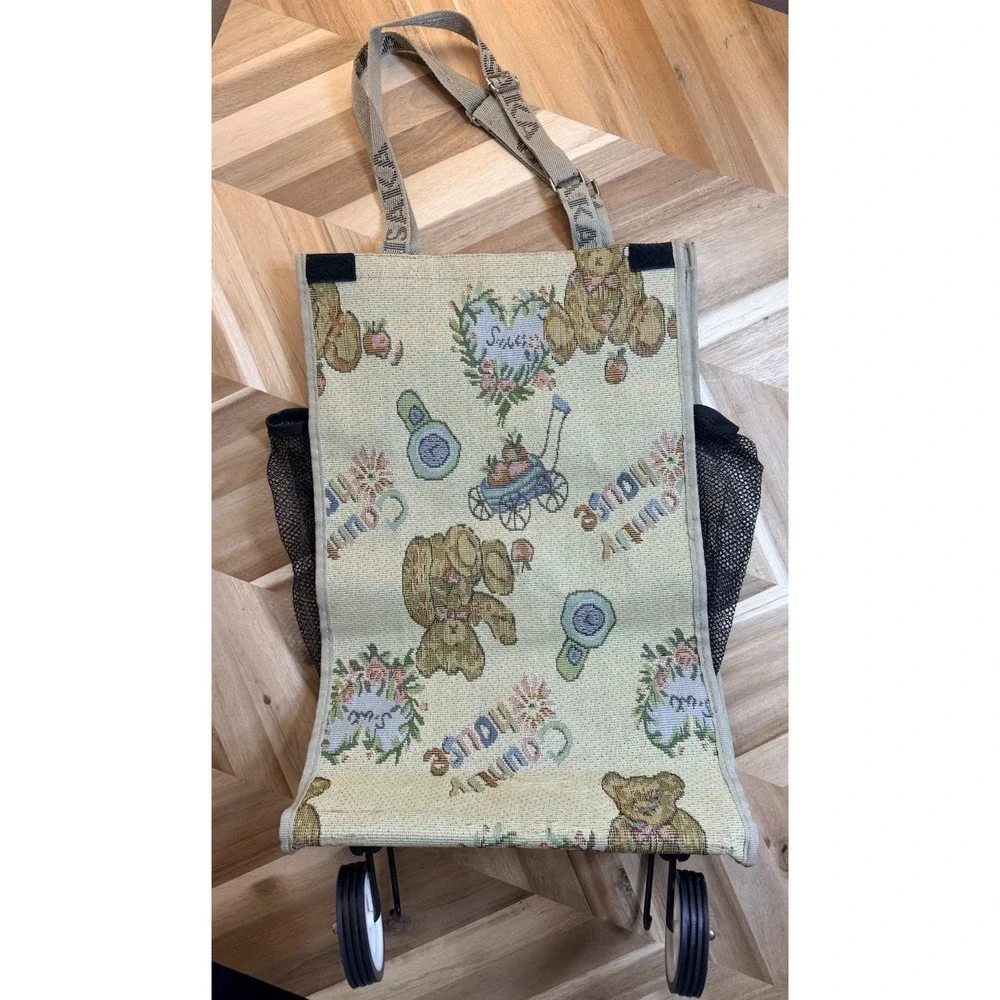 VTG 80s ISAKA Tapestry Country Bear Shopping Bag Tote on Wheels Cottagecore Twee
